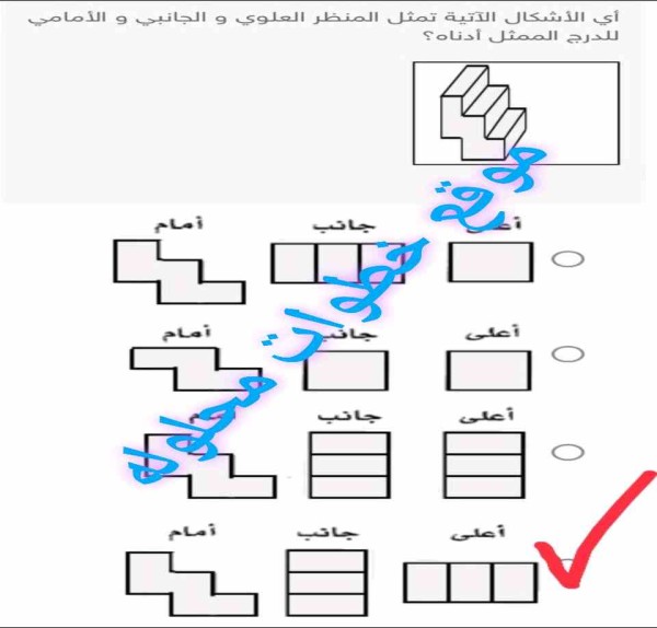 أي الأشكال الآتية تمثل المنظر العلوي و الجانبي و الأمامي للدرج الممثل أدناه؟