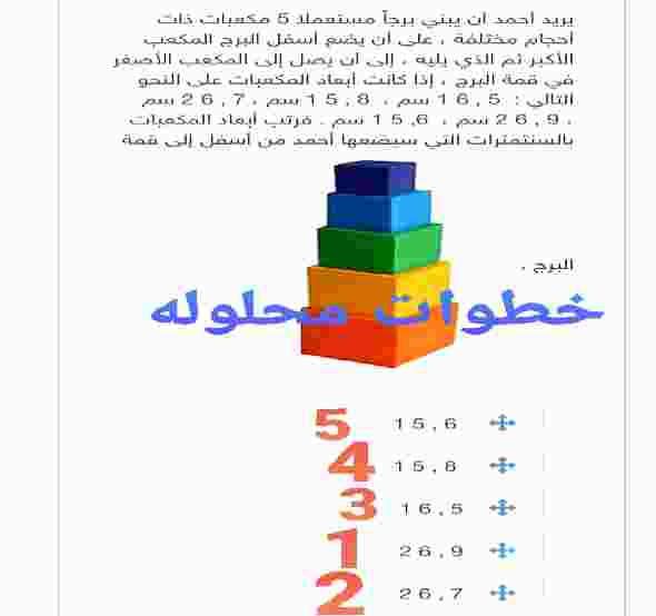 يريد أحمد أن يبني برجاً مستعملا 5 مكعبات ذات أحجام مختلفة ، على أن يضع أسفل البرج المكعب الأكبر ثم الذي يليه ، إلى أن يصل إلى المكعب الأصغر في قمة البرج ، إذا كانت أبعاد المكعبات على النحو التالي :