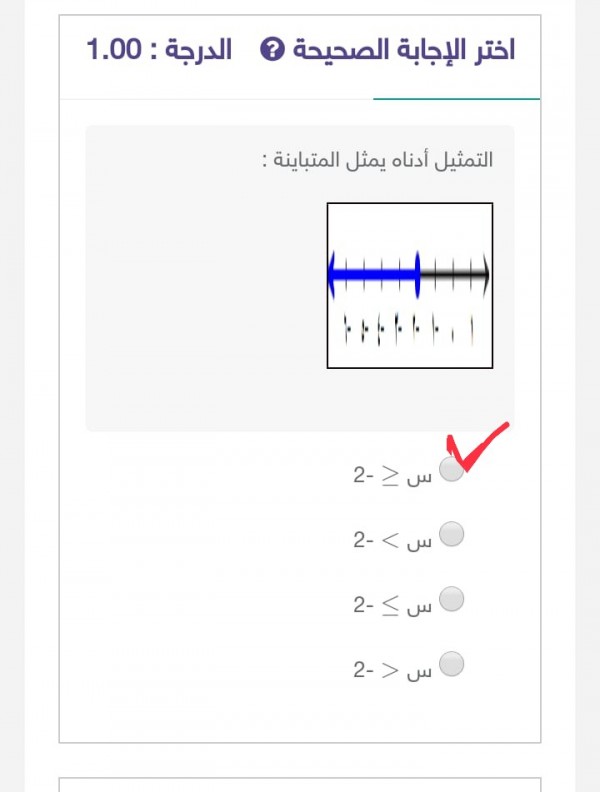 إجابة سؤال أختر الإجابة الصحيحة التمثيل أدناه يمثل المتباينة س <= - 2 س > - 2 س > = - 2 س < - 2.