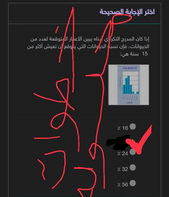 إجابة سؤال أختر الإجابة الصحيحة إذا كان المدرج التكراري أدناه يبين الأعمار المتوقعة لعدد من الحيوانات فإن نسبة الحيوانات التي يتوقع أن تعيش أكثر من 15 سنة هي : الموضحة في الصورة أدناه.