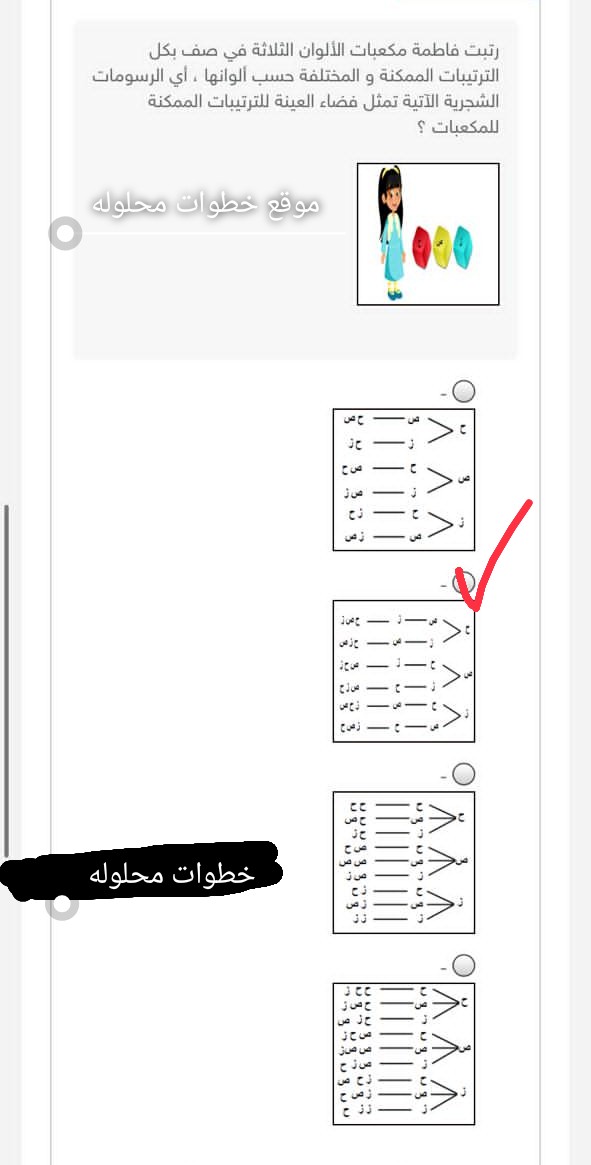 أختر الإجابة الصحيحة رتبت فاطمة مكعبات الألوان الثلاثة في صف بكل الترتيبات الممكنة والمختلفة حسب ألوانها، أي الرسومات الشجرية الآتية تمثل فضاء العينة للترتيبات الممكنة للمكعبات؟  الحل أسفل في مربع الإجابة.