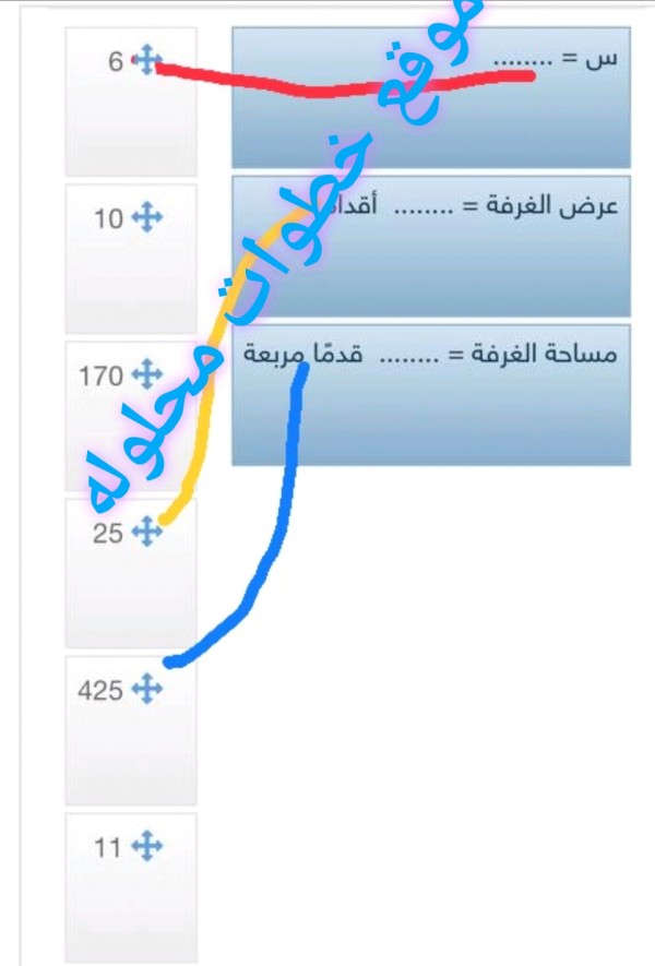 إذا أراد عماد أن يشتري سجادة جديدة للغرفة المستطيلة في الشكل أدناه، اقرن كل عبارة بالعدد الصحيح الذي يكمل الفراغ فيها؟