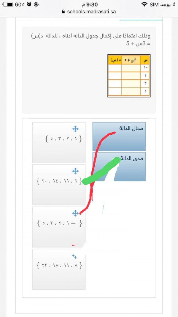 صل الأعمدة التالية بما يقابلها من إجابات وذلك اعتماداً على إكمال جدول الداله أدناه، للدالة د (س) = 3س + 5.