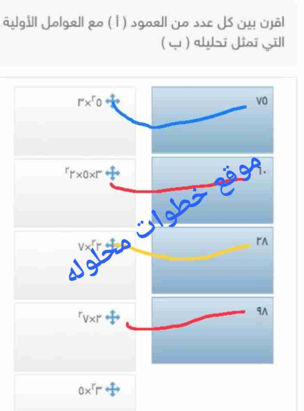 اقرن بين كل عدد من العمود ( أ) مع العوامل الأولية التي تمثل تحليلة ( ب) سادس ابتدائي