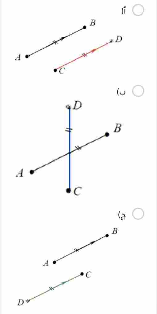 رسم كل من سالم واصدقائه النقطة D التي هي صورة النقطة C وفق الانسحاب الذي ينقل B إلى A مستعملين الطول نفسه للقطعة CD ، فإذا كان سالم الوحيد الذي رسم D بشكل صحيح, فأي الأشكال التالية هو رسمه؟