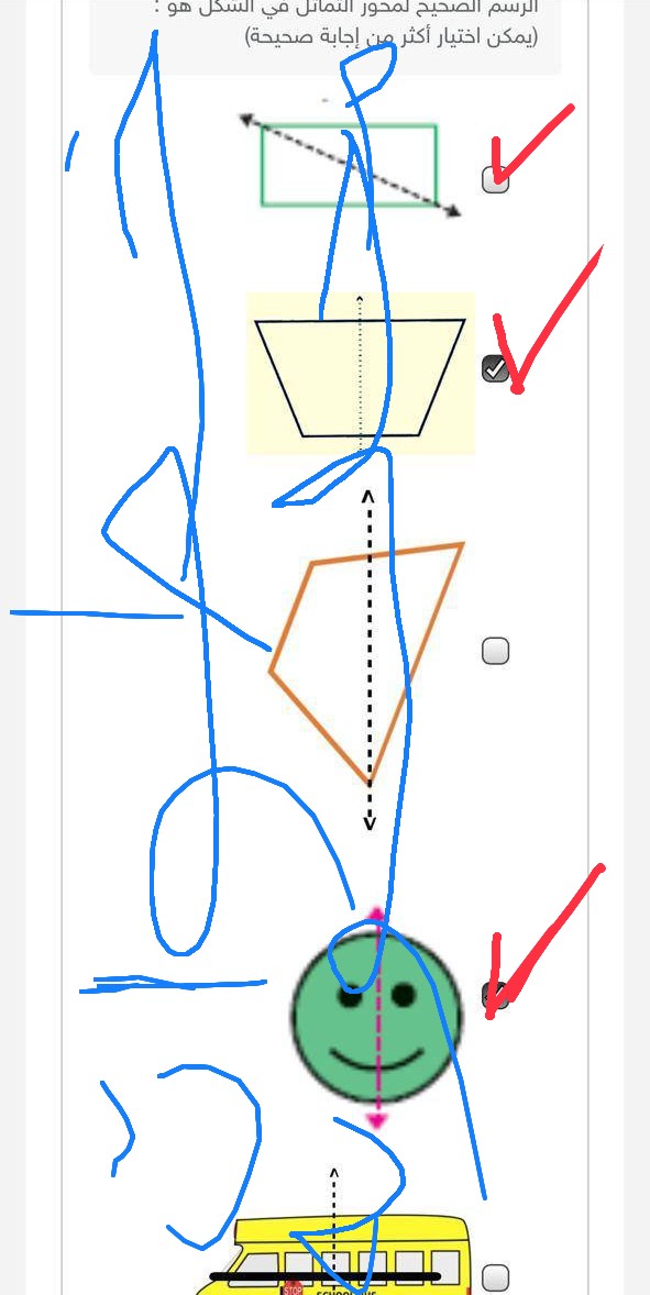 أختر الإجابة الصحيحة الرسم الصحيح لمحور التماثل في الشكل هو : يمكن اختيار أكثر من إجابة صحيحة. الحل أسفل في مربع الإجابة.