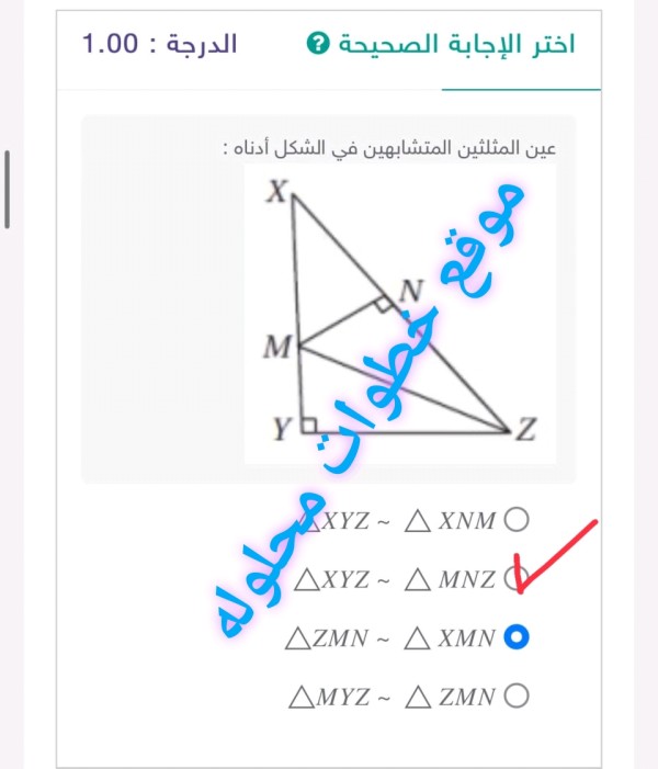 عين المثلثين المتشابهين في الشكل أدناه : △XYZ ~ △XNM △XYZ ~ △MNZ △ZMN ~ △XMN △MYZ ~ △ZMN؟