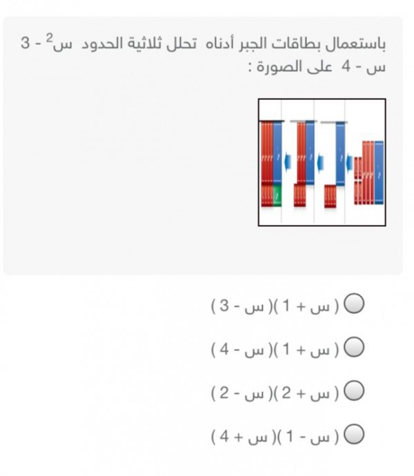 باستعمال بطاقات الجبر أدناه تحلل كثيرة الحدود س² - 3 س - 4 على صورة