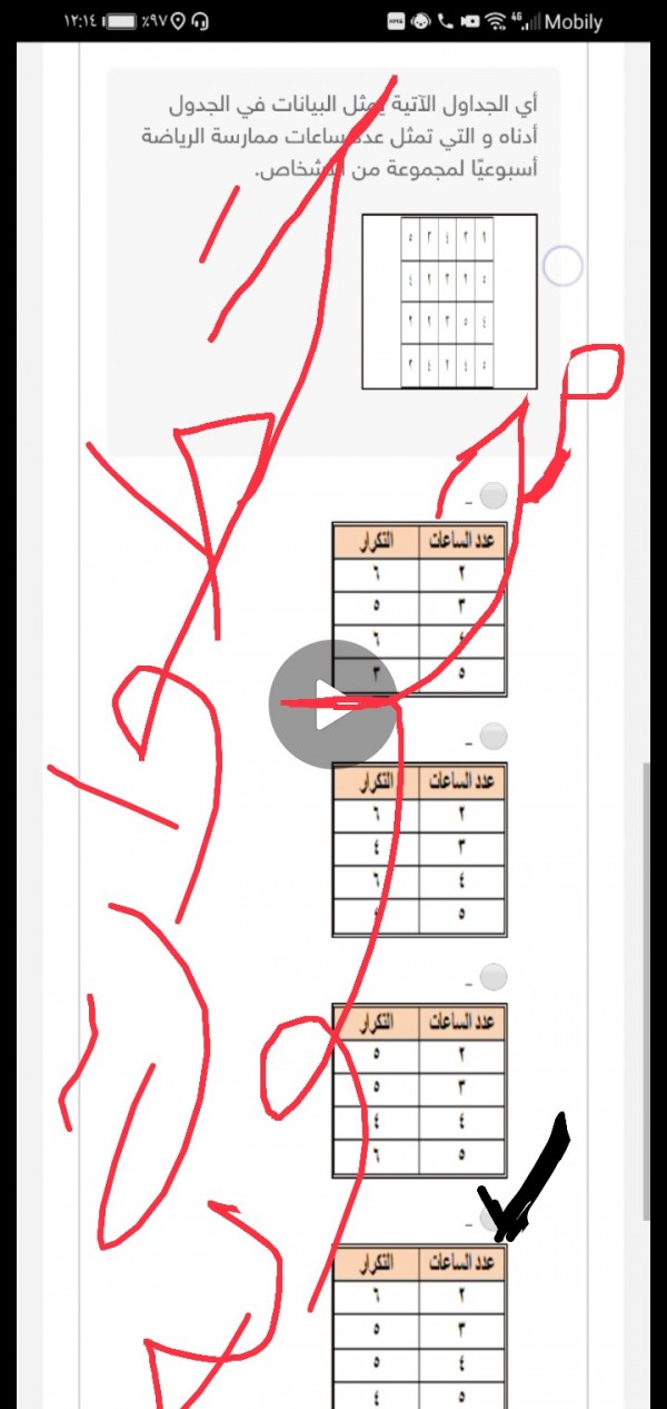 أي الجداول الآتية يمثل البيانات في الجدول أدناه والتي تمثل عدد ساعات ممارسة الرياضة أسبوعياً لمجموعة من الأشخاص.  أختر الإجابة الصحيحة