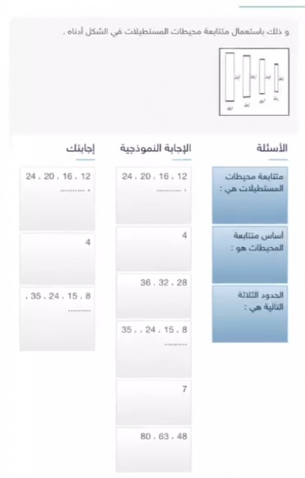 صل الأعمدة التالية بما يقابلها من إجابات مناسبه وذلك باستعمال متتابعة محيطات المستطيلات في الشكل أدناه.