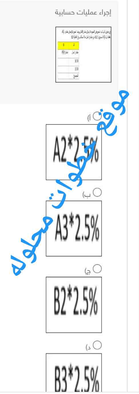 إجراء عمليات حسابية في جدول البيانات المعروض العمود A يمثل مقدار المال بينما العمود B يمثل مقدار الزكاة علما بأن الزكاة تساوي 2.5% من مقدار المال ماذا ستكتب في الخلية B2