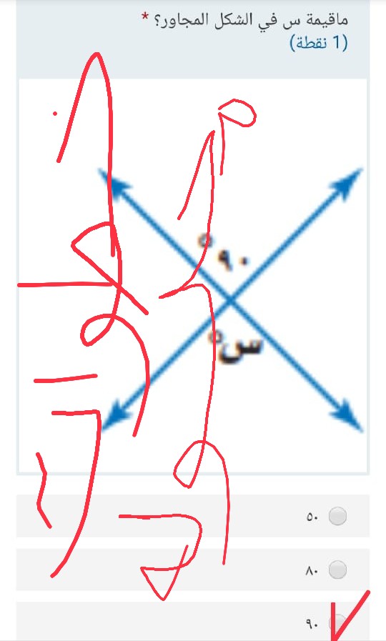 أختر الإجابة الصحيحة ما قيمة س في الشكل المجاور المجاور ٥٠ ٨٠ ٩٠. سادس ابتدائي.