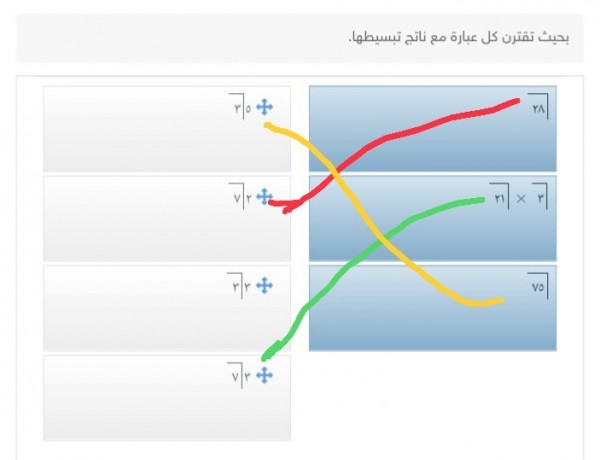 صل الأعمدة التالية بما يقابلها من إجابات مناسبه بحيث تقترن كل عبارة معا ناتج تبسيطها جذر ٢٨ جذر ٣ × جذر ٢١ جذر ٧٥.