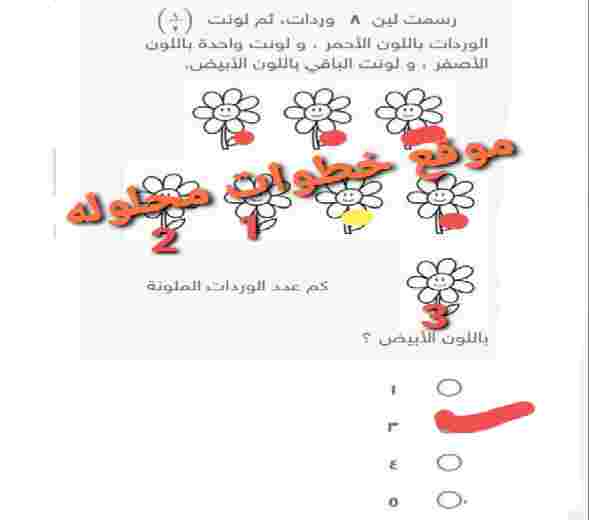 رسمت لین ۸ وردات، ثم لونت ١/٢ الوردات باللون الأحمر ، و لونت واحدة باللون الأصفر ، و لونت الباقي باللون الأبيض كم عدد الوردات الملونة باللون الأبيض